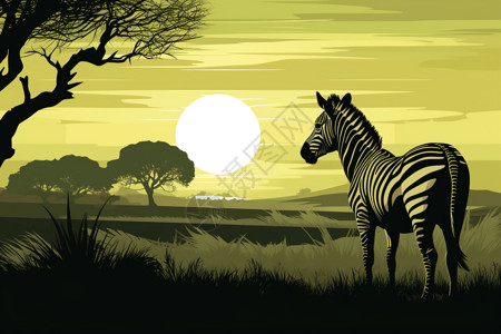 日落草原的斑马高清图片