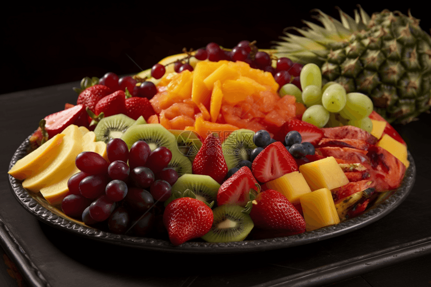 水果拼盘: 盛满各种切片水果的拼盘，以视觉上吸引人的图案排列，混合了颜色和纹理。图片