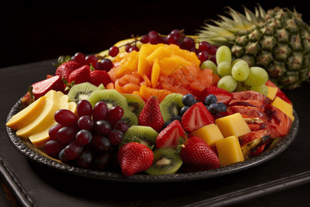 葡萄图案水果拼盘: 盛满各种切片水果的拼盘，以视觉上吸引人的图案排列，混合了颜色和纹理。背景
