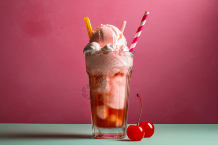 冰点直降冰淇淋浮子: 装满苏打水和一勺香草冰淇淋的高杯。浮子放在一块亮粉色的桌布上，上面放着五颜六色的吸管。背景