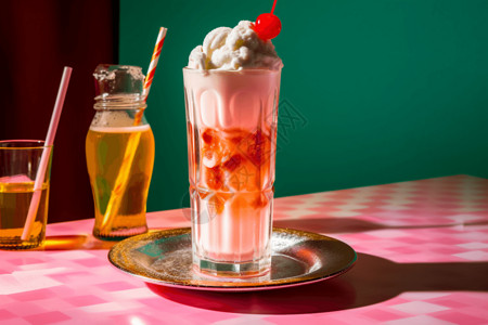 冰点折扣冰淇淋浮子: 装满苏打水和一勺香草冰淇淋的高杯。浮子放在一块亮粉色的桌布上，上面放着五颜六色的吸管。背景