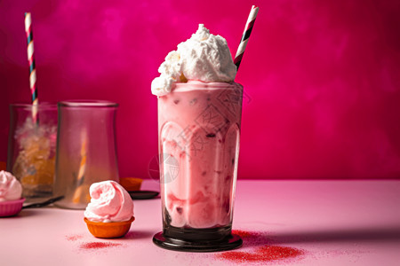 冰淇淋浮子: 装满苏打水和一勺香草冰淇淋的高杯。浮子放在一块亮粉色的桌布上，上面放着五颜六色的吸管。背景