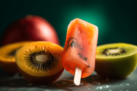 降到冰点水果冰棍: 特写镜头，简约背景，柔和的灯光，鲜艳的色彩。背景