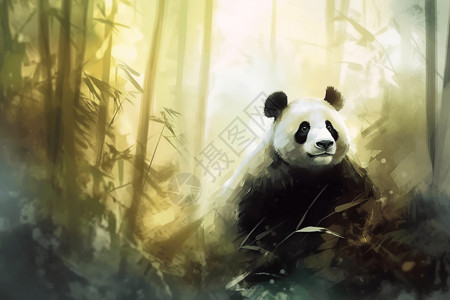 竹林中的可爱熊猫插画图片