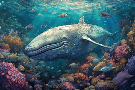 白鲸被鱼群和五颜六色的包围图片