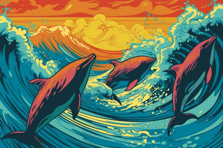 波普艺术的大海和海豚背景图片