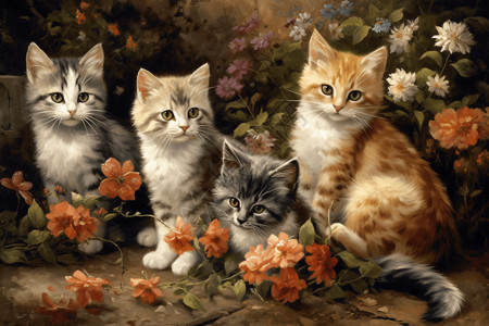 小猫在五颜六色的花园中背景图片