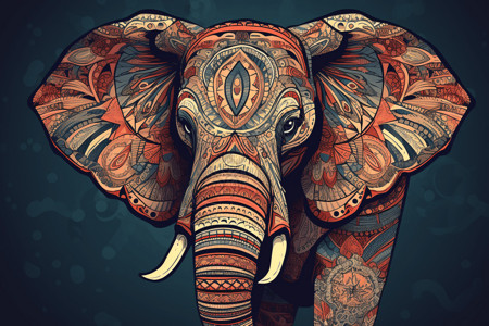 点缀图形复杂图案和大颜色的大象插画