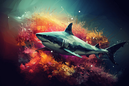 抽象鱼素材五颜六色珊瑚礁中游动的鲨鱼插画