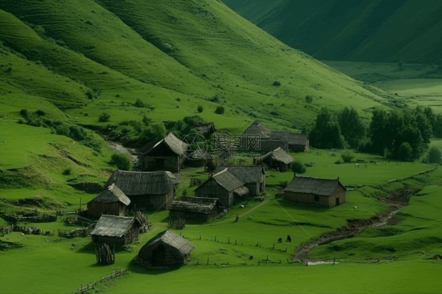 群山环绕的村庄图片