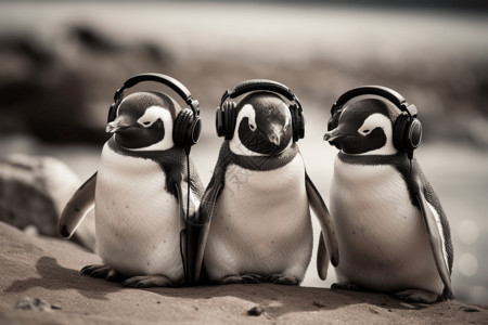可爱的企鹅带着耳机高清图片