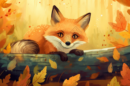红色小狐狸秋天森林中的狐狸插画