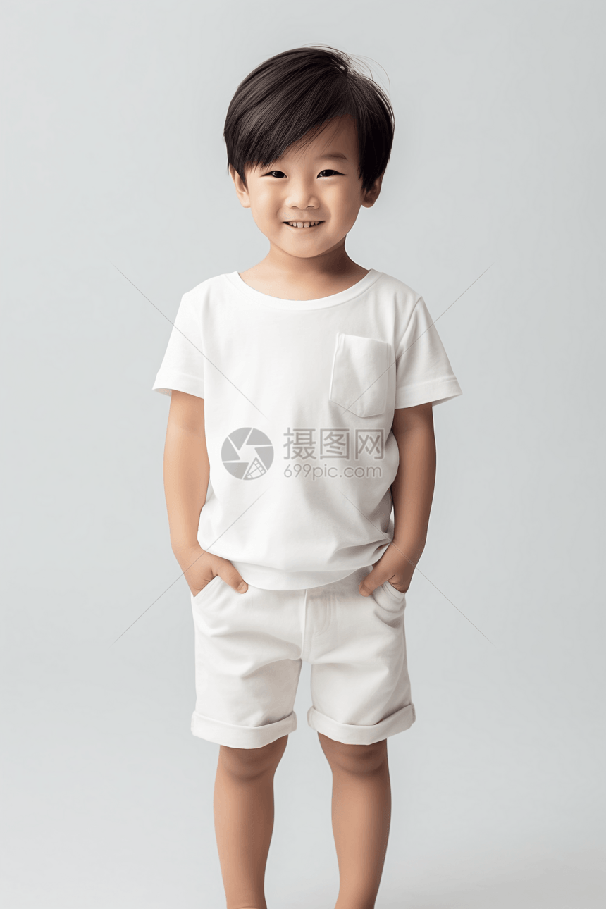 小男孩穿着白色t恤和宽松短裤图片