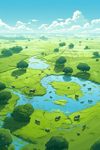 鸟瞰图郁郁葱葱的绿色稻田图片