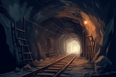 采矿工人一条长长的煤矿隧道插画