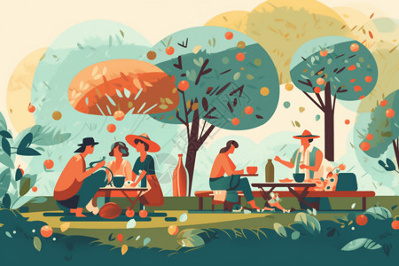 欢快的一家人在野餐背景图片