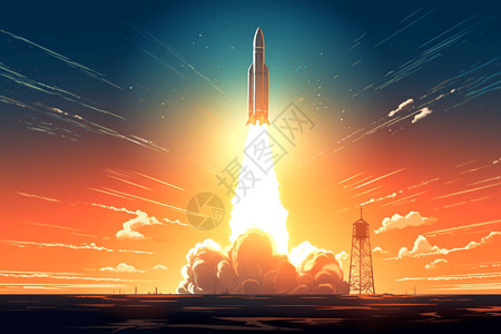 向太空发射载人火箭卡通插图背景图片