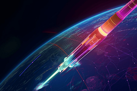 卫星视图火箭环绕地球的彩色视图插画