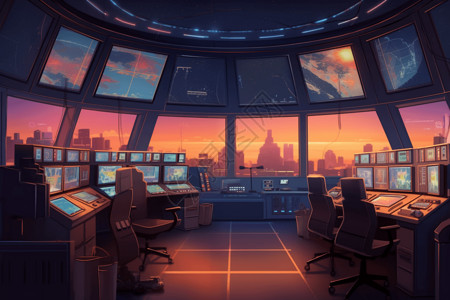 卡通任务未来感的控制室场景插图插画