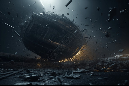 车碎片被摧毁的外星飞船3D渲染图设计图片