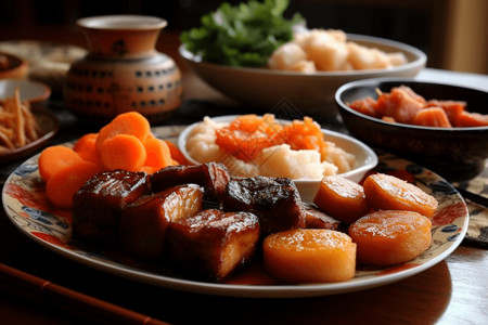 传统日本新年菜肴一桌丰盛的传统美食背景