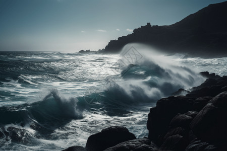 海浪撞击岩石背景图片
