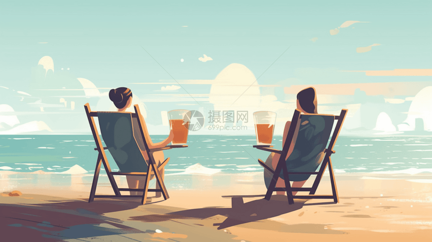 夫妇坐在沙滩椅上插图图片