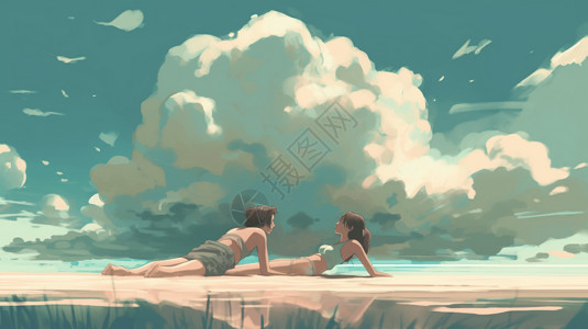 躺在地上情侣情侣躺在沙滩上插画