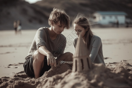 情侣在海滩上建造沙堡场景背景图片
