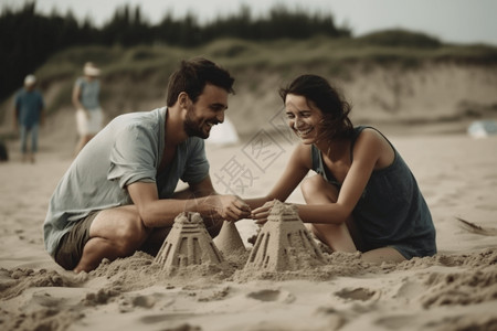情侣在海滩上建造沙堡图背景图片