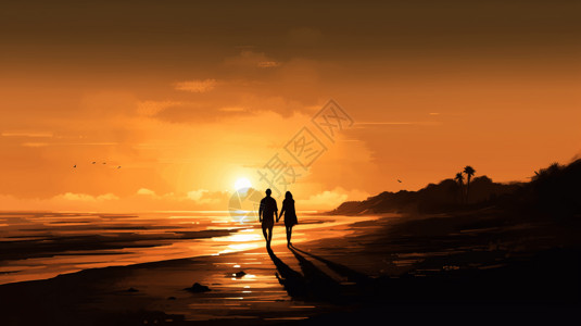 夫妇在海滩散步插图图片