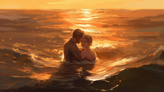 男人在海岛上夫妇在海水中拥抱插画
