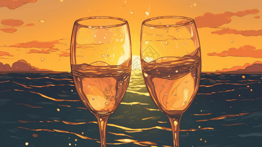 香槟海边落日的特写镜头图片