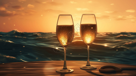 木糠杯香槟海边的特写镜头插画