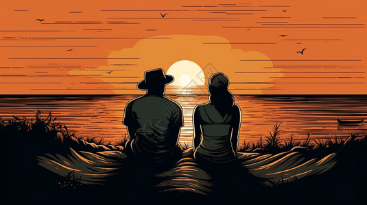 夫妇坐在沙滩上聊天场景插图背景图片