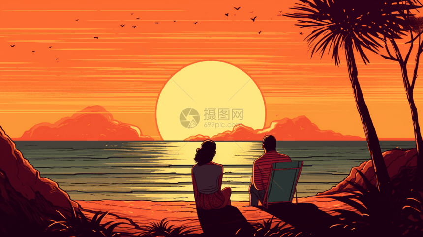 夫妇坐在沙滩上聊天场景图片