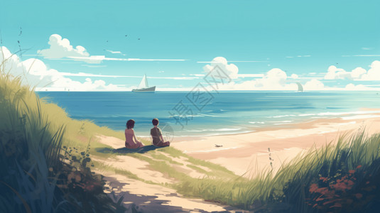 潮水恋人坐在沙滩上场景插图插画