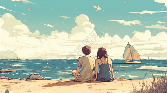 潮水潮向恋人坐在沙滩上插图插画