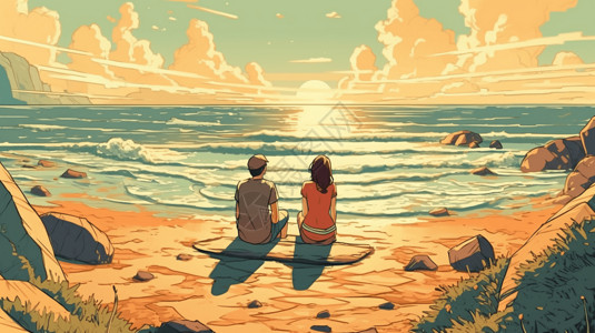 潮水潮向恋人坐在沙滩上插画