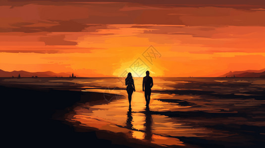 情侣沙滩散步情侣在沙滩上散步插画