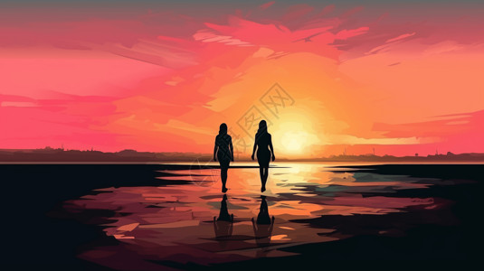 情侣在沙滩上散步场景背景图片
