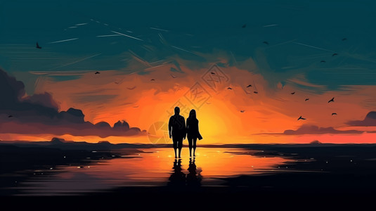 情侣在沙滩上散步场景插画图片