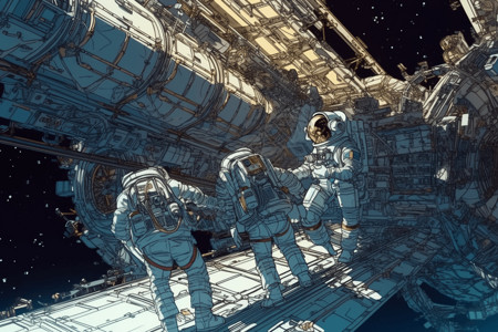 宇航员在空间站卡通插图图片