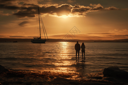 手挽手夫妇在沙滩看日落图背景