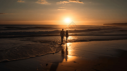 情侣手拉手在沙滩散步背景图片