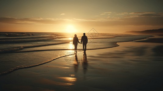 情侣手拉手在沙滩散步图片