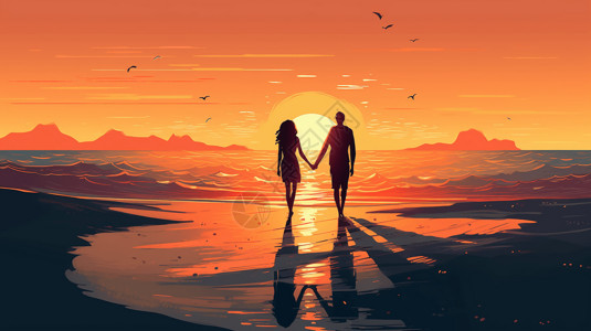 赤脚的夫妇走在沙滩上平面插图插画