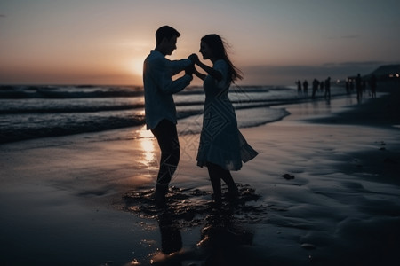 情侣在沙滩跳舞背景