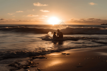 夫妇在海边接吻夕阳图背景图片