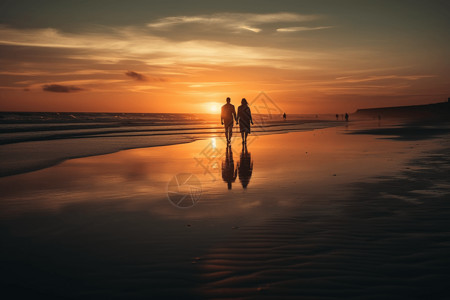 夫妇在海滩上散步夕阳图背景图片